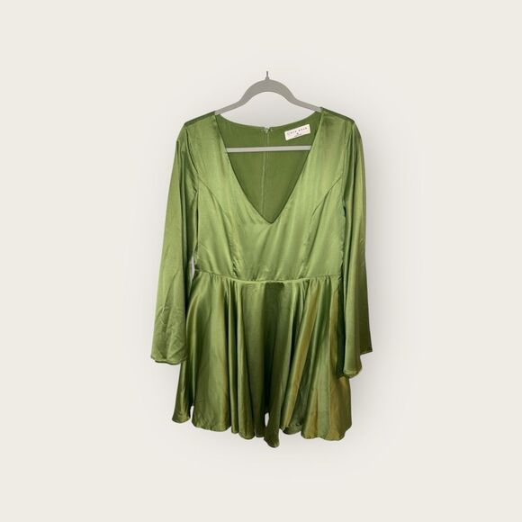 ASOS Ei8th Hour Exclusive Satin Skater Dress Bell Sleeve Green Size 14 - Picture 4 of 8